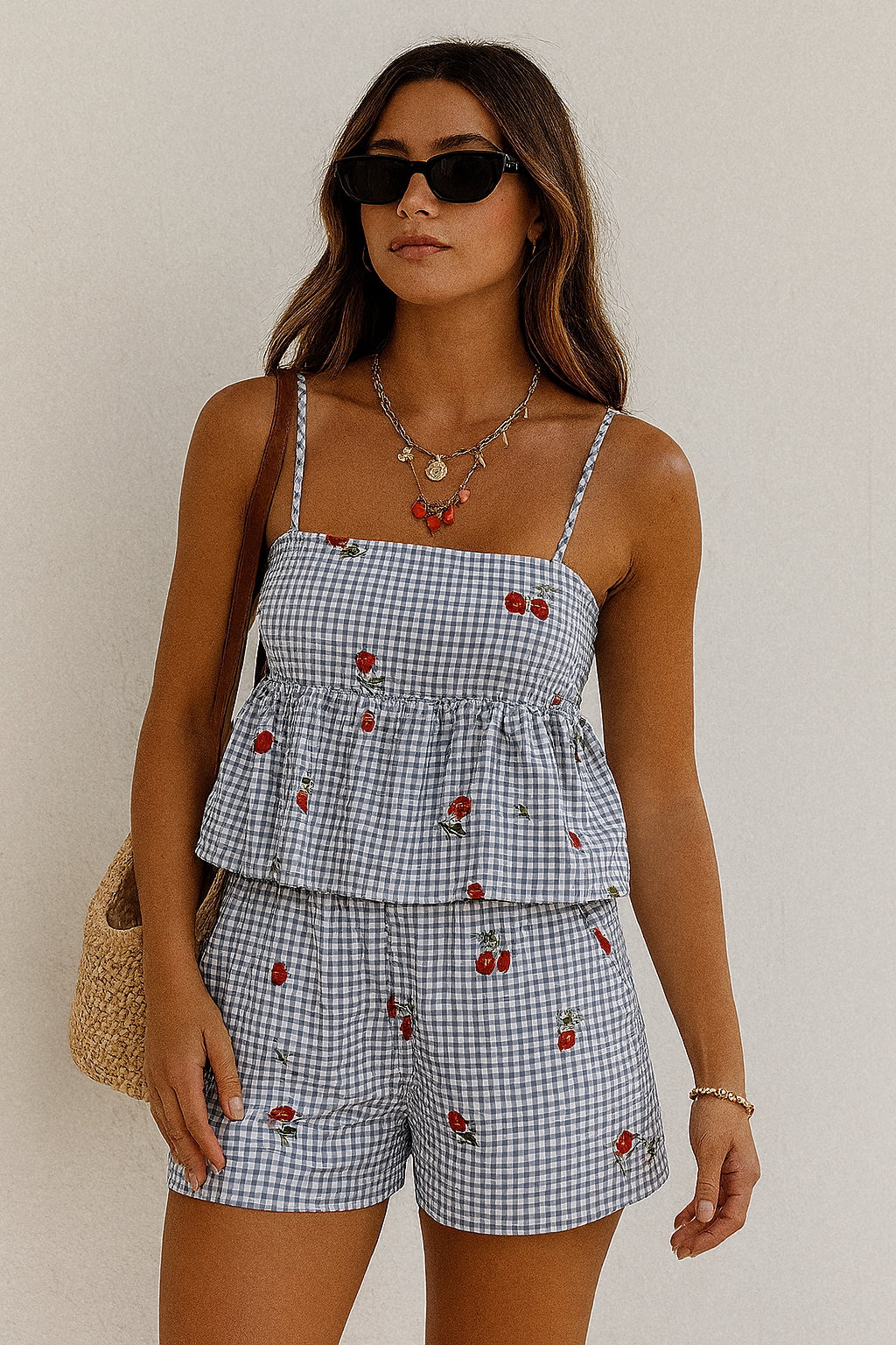 Floral Gingham Print Cami and Shorts Two-Piece Set