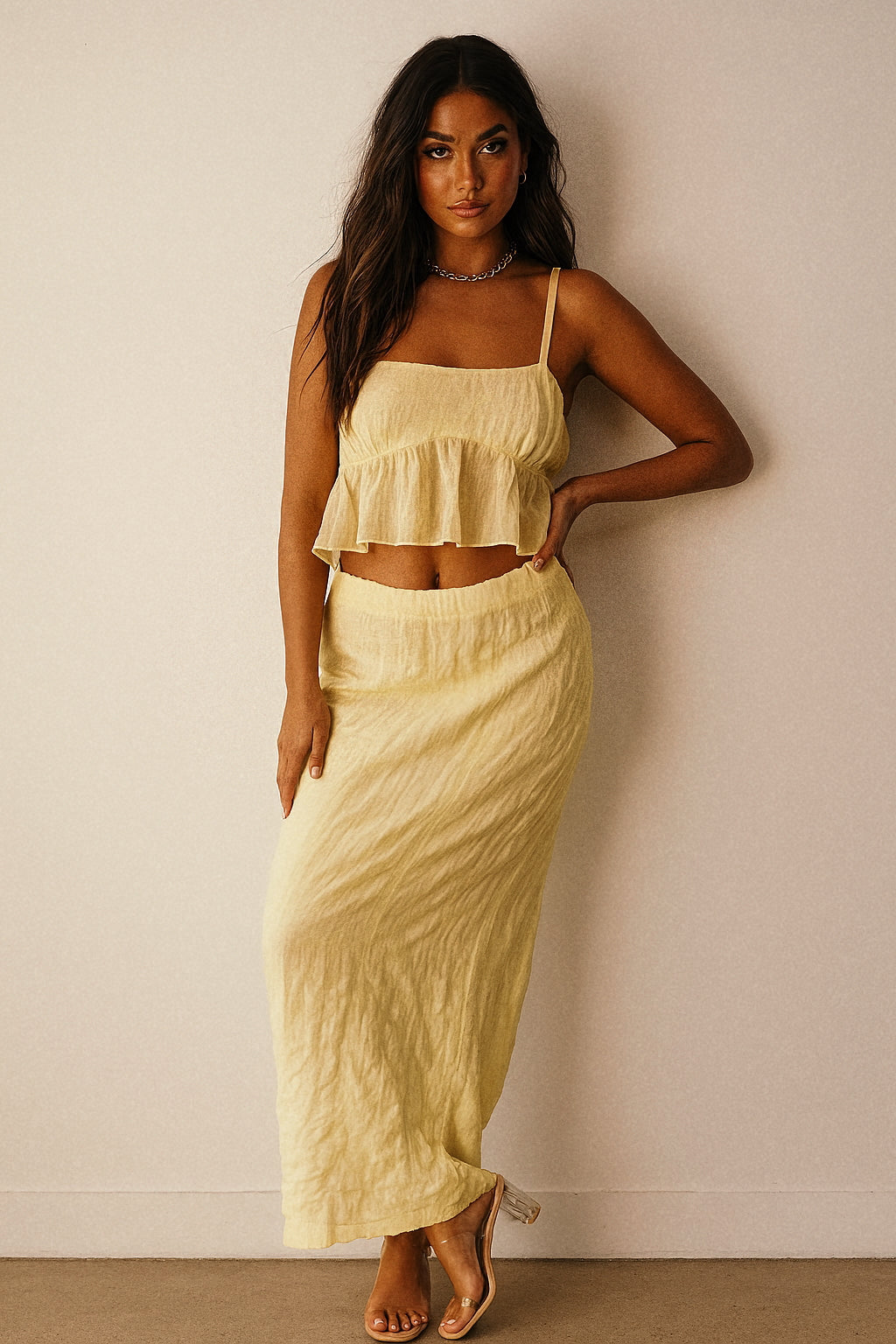Square Neck Sleeveless Top and Ruched Skirt Set