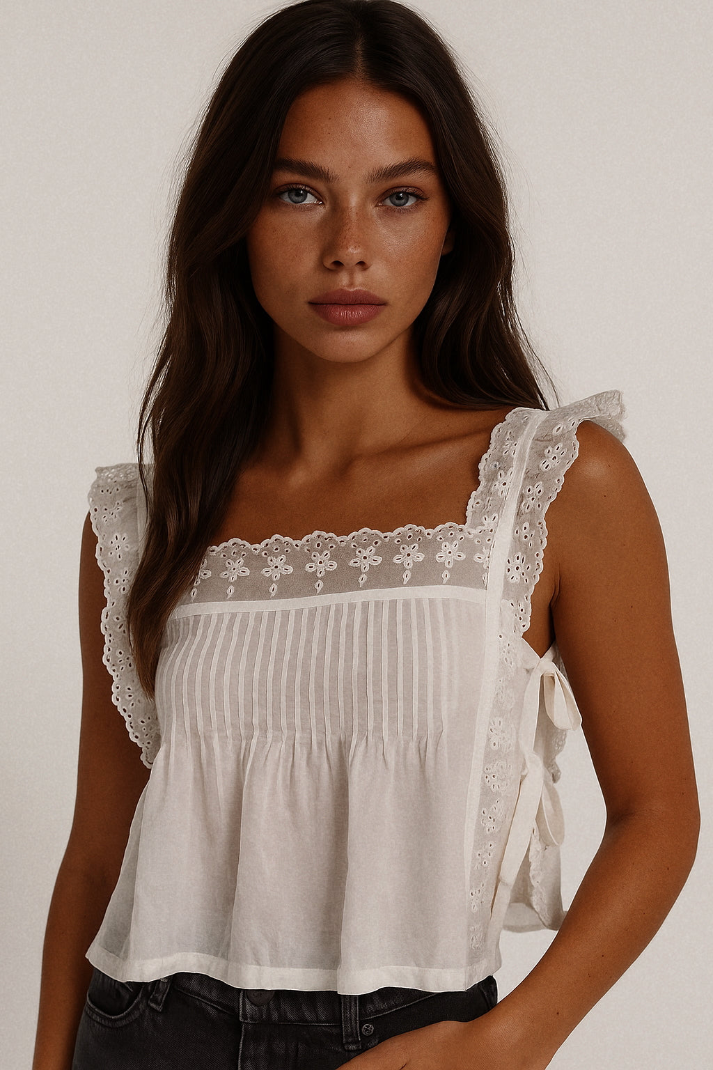 Lace-Trimmed Eyelet Square Neck Top