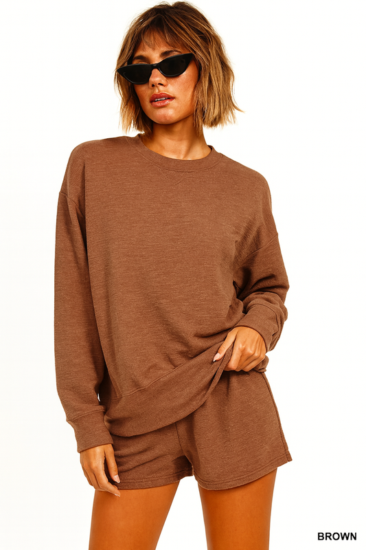 Zenana Slub Long Sleeve Top and Shorts Set